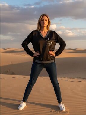 ELISSIA Made in Italy Black V-Neck Blouse - Shimmer Trim & Star Graphic - Size L